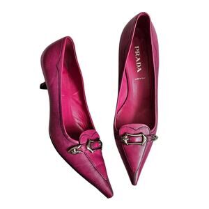 Y2k Prada Kitten Heels Pink Leather Silver Buckle Women's Size 37.5